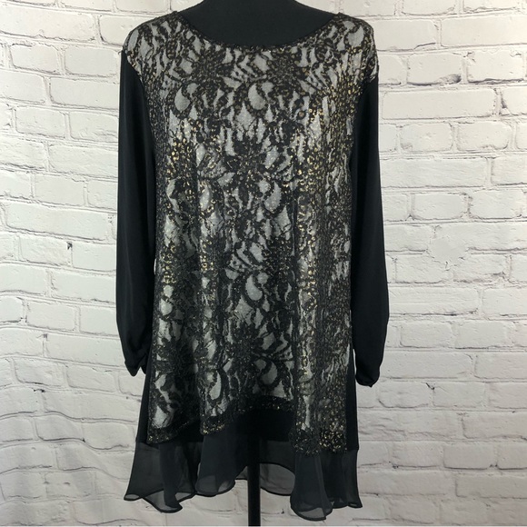 STYLE & CO. LACE FRONT BLACK TUNIC WITH GOLD ACCENTS. SIZE(XL) - Picture 3 of 13